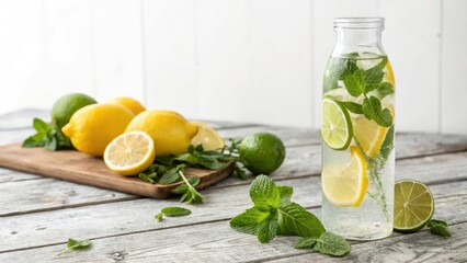 Fototapeta premium Refreshing Lemon Water with Mint in Bottle Surrounded by Fresh Fruits on Wooden Table - Minimalist Photography for Healthy Lifestyle and Hydration