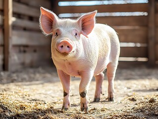 Playful piglet exploring farmyard captured in natural lighting warm rustic setting