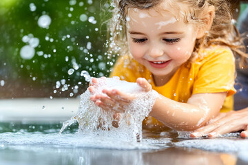 Obraz premium A joyful girl splashes water, summer fun, outdoor setting, background blur, lifestyle