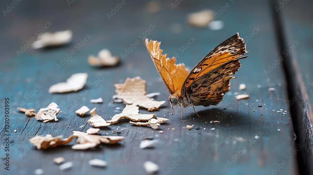 Poster closeup view of a beautifully patterned butterfly resting on wooden surface with scattered wood chip