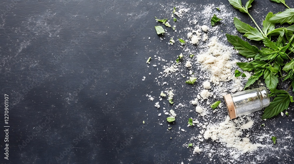 Poster fresh green basil leaves scattered with flour on a dark kitchen surface creating a rustic scene : ge