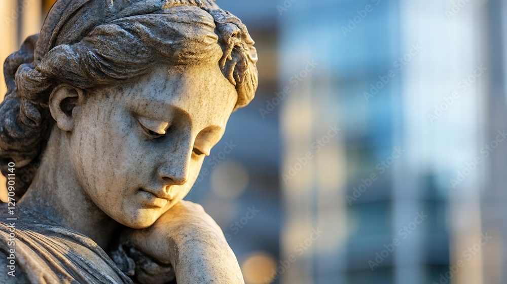 Poster CloseUp of a Stone Statue with a Thoughtful Expression in Soft Light : Generative AI
