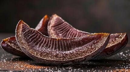 Obraz premium Dark, glossy slices of fruit with a sprinkle of salt, showcasing an artistic food presentation.