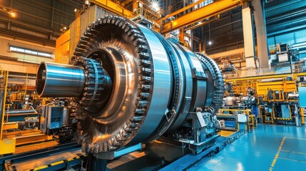 Fototapeta premium A clean and organized industrial factory producing large-scale steam turbines for energy generation.