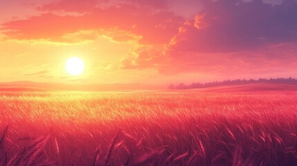Obraz premium Golden sunset over a wheat field; peaceful rural landscape; inspiring view for relaxation and contemplation; suitable for prints, greeting cards, or websites