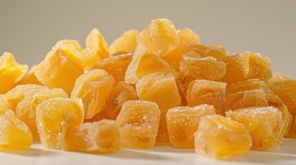 A close-up of small, cubed, yellow candied fruit pieces, glistening with sugar.