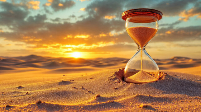Sanduhr in der W&uuml;ste bei Sonnenuntergang als Symbol f&uuml;r Verg&auml;nglichkeit und Zeitfluss