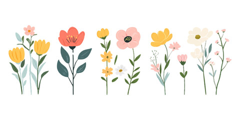 Set of cute, simple, flat spring flower clip art, vector illustration on a white background