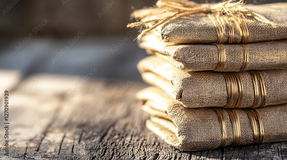 Aufkleber Neatly stacked linen towels tied with twine resting on rustic wooden surface : Generative AI