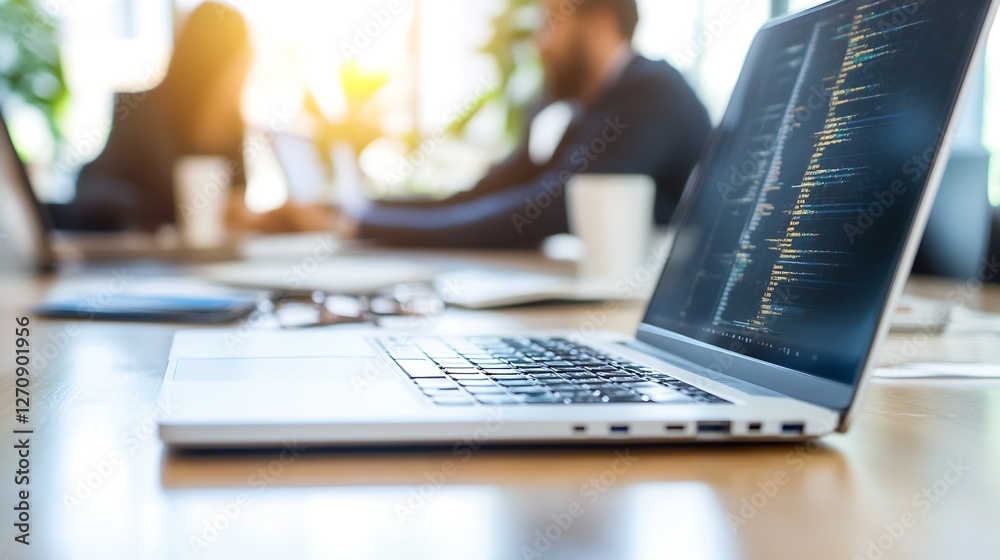 Aufkleber Modern laptop on a desk showcasing software development in a bright office environment : Generative AI