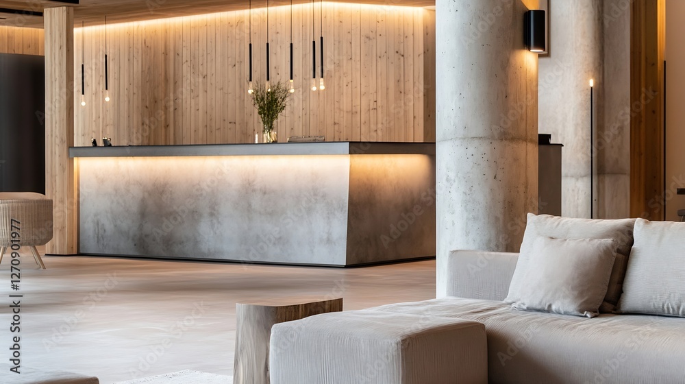 Poster stylish modern reception area with warm lighting and cozy seating arrangements : generative ai