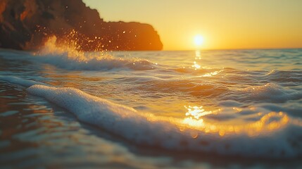Scenic Sunset Over Tranquil Ocean Waves with Splashing Water Spray