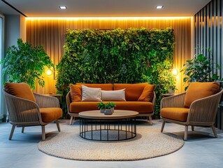 Fototapeta premium A contemporary living room showcasing a design that combines urban jungle elements with minimalist furniture. The space is enhanced by the plant wall and textured couch, complemented by wicker chairs.