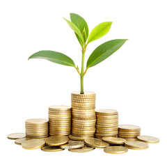 money growth concept with plant on coin stacks. investment and finance growth with plant and coins,pile of coins with a growing plant isolated on transparent background