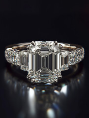 White gold ring with cut diamonds with trapezoid diamonds flanked on each side. 