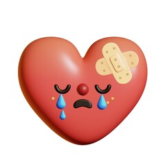 Sad crying heart character. Wounded heart mascot with bandages. Cute 3d element for Valentine's Day. Negative romantic experience concept.