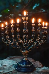 Fototapeta premium A traditional Hanukkah candelabra with lit candles, symbolizing the Jewish holiday of light and freedom.