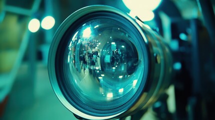 A close-up of a movie cameras lens with studio lighting reflecting in the polished glass.
