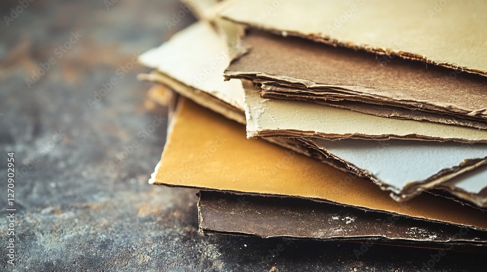 Poster stack of textured vintage colored papers arranged in an artistic layout showcasing natural materials