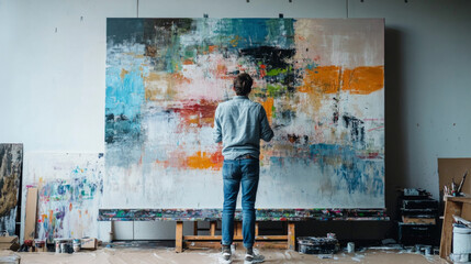 Artist creates abstract artwork on large canvas in a vibrant studio setting during daylight hours