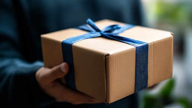 Person holding a beautifully wrapped gift box symbolizing surprise and happiness during special occasions : Generative AI
