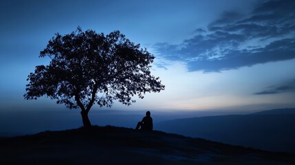 Silhouette of a person sitting under a tree at dusk enjoying the peaceful evening landscape : Generative AI