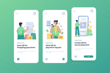 Illustration set of QR transaction for digital wallet app on onboarding screen template