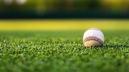 Closeup of a Well-Used Baseball on Green Field Grass