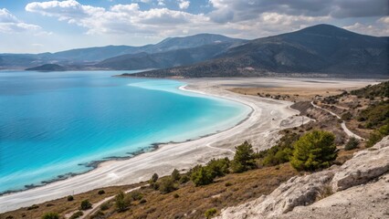 Obraz premium Serene Salda Lake: Clay Beach, Crystal Blue Waters, and Majestic Mountains in Urban Exploration Photography