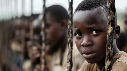 Obraz premium Powerful portrait of a young boy gazing through bars conveying struggle and resilience : Generative AI