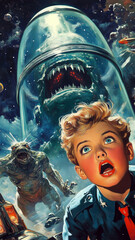 1950s pulp sci-fi magazine cover, monsters, space boy on a foreign planet