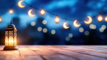 Lantern glowing on a wooden table with crescent moon lights in background