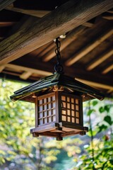 Ancient-looking wood lantern hanging in a garden.