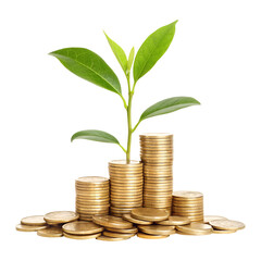 money growth concept with plant on coin stacks. investment and finance growth with plant and coins,pile of coins with a growing plant isolated on transparent background