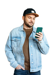Cutout of a young man with a short beard wearing a casual outfit and cap smiling while looking at his smartphone