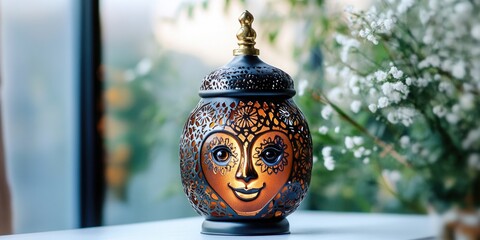 Obraz premium A hand-painted ceramic vase featuring intricate designs and a smiling face. This figurine represents an ethnic or cultural art form, possibly from Central or Eastern Europe.