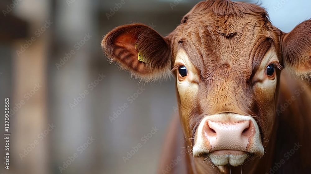 Poster portrait of a curious brown cow showcasing its expressive features and soulful gaze : generative ai