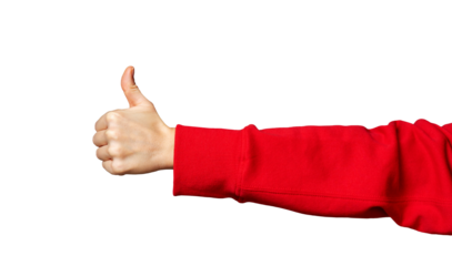 Cutout of a woman's outstretched hand in a red sleeve giving a thumbs-up