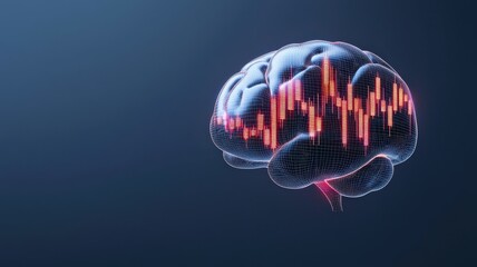 financial success profit mindset concept. Digital brain with data visualization and glowing elements on a dark backdrop.