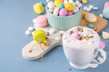 Easter hot chocolate with whipped cream, marshmallow and crushed chocolate eggs