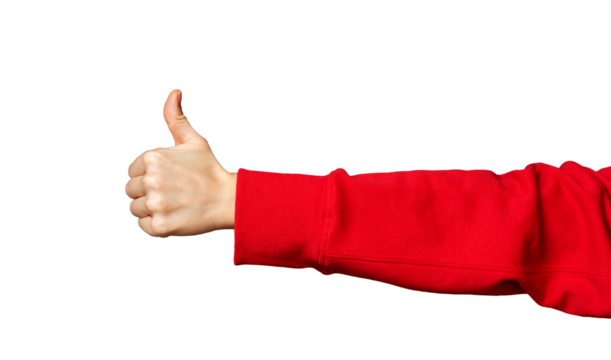 Cutout of a woman's outstretched hand in a red sleeve giving a thumbs-up