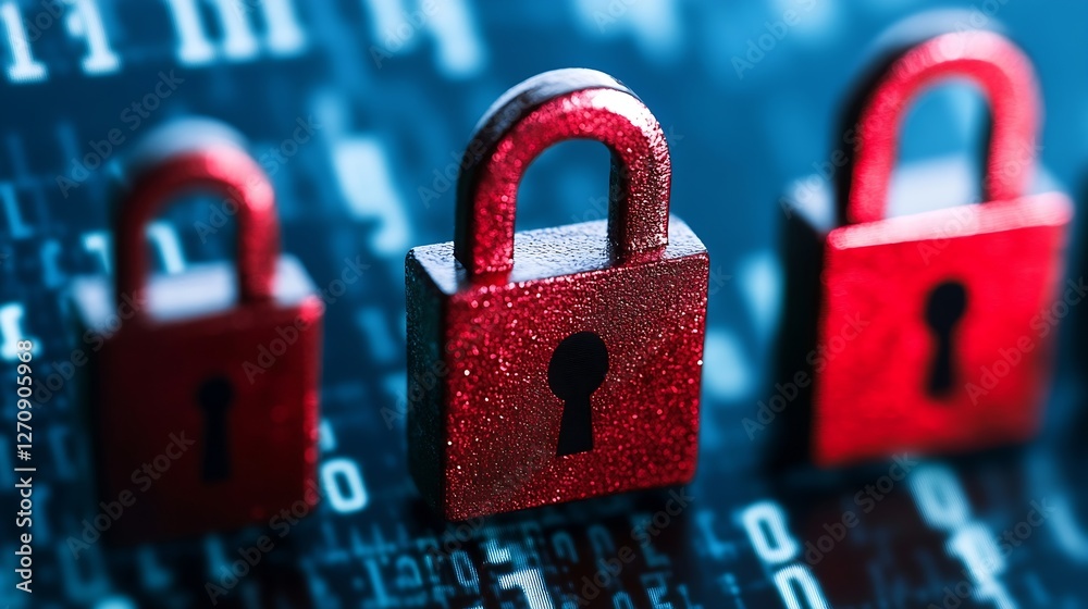 Poster Closeup shot of red padlocks on digital background representing security and protection in technology and data storage : Generative AI
