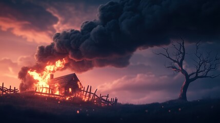 Fototapeta premium Dramatic Scene of a House on Fire Surrounded by Smoke at Sunset with a Leafless Tree in an Open Field