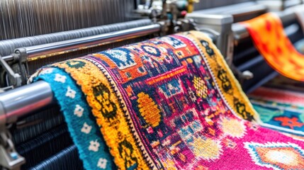A colorful textile factory floor where weaving machines craft intricate patterns at high speed.