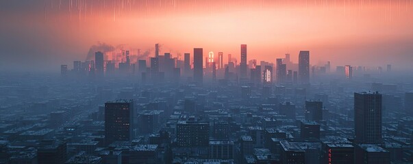 Acid rain climate change idea. Stunning city skyline at sunset with a blend of fog and vibrant colors.