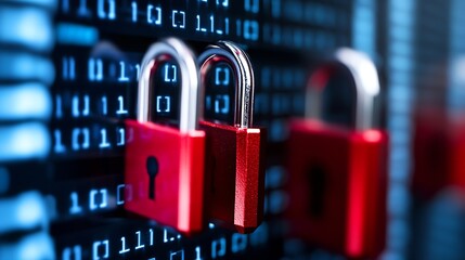 Closeup view of red padlocks representing cybersecurity and data protection on a digital interface : Generative AI