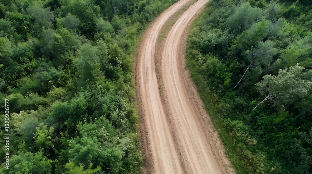 Poster aerial view of a winding dirt road surrounded by dense green forest creating a natural pathway : gen