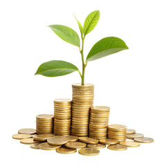 money growth concept with plant on coin stacks. investment and finance growth with plant and coins,pile of coins with a growing plant isolated on transparent background