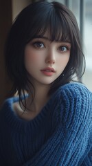 Beautiful Japanese woman with bangs and big eyes wearing a blue sweater, sitting by the window, close-up.