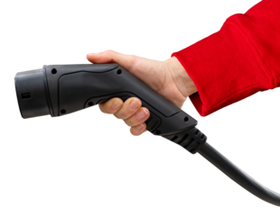 Cutout black electric vehicle charging plug in female hand wearing red sleeve. Electric car charging connector.